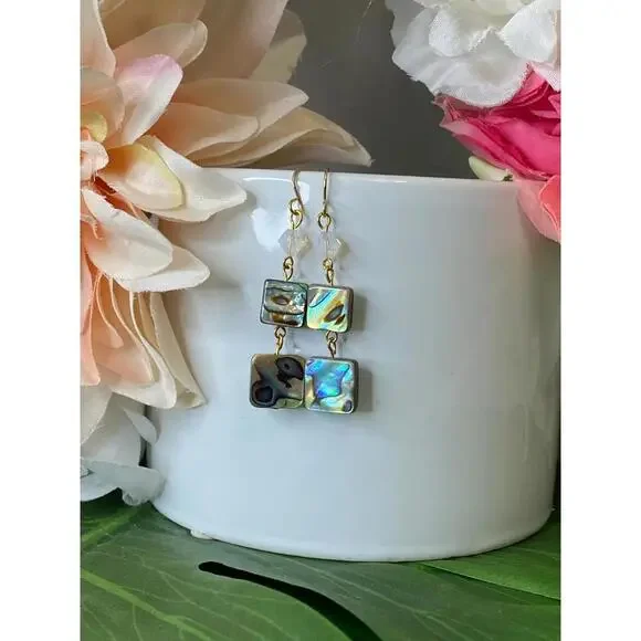 Paua - Abalone Crystal Three Tiered Earrings - Picture 3 of 8